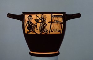 Boeotian black-figure skyphos, decorated with a scene of Odysseus being given a drugged potion by Circe, from the workshop of the Mystae Painter, from Thebes, Boeotia, late 5th century BC by Greek